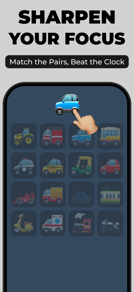 Reflex Test & Reaction Time - Mobile game screen for matching vehicle pairs to sharpen focus