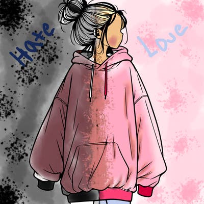 realistic girl with a oversized sweatshirt on and a bun