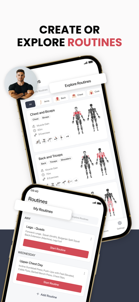 GymNotes: Gym Exercise Notes - Una interfaz de aplicación móvil que muestra rutinas de entrenamiento para pecho, bíceps y piernas con diagramas musculares dirigidos.