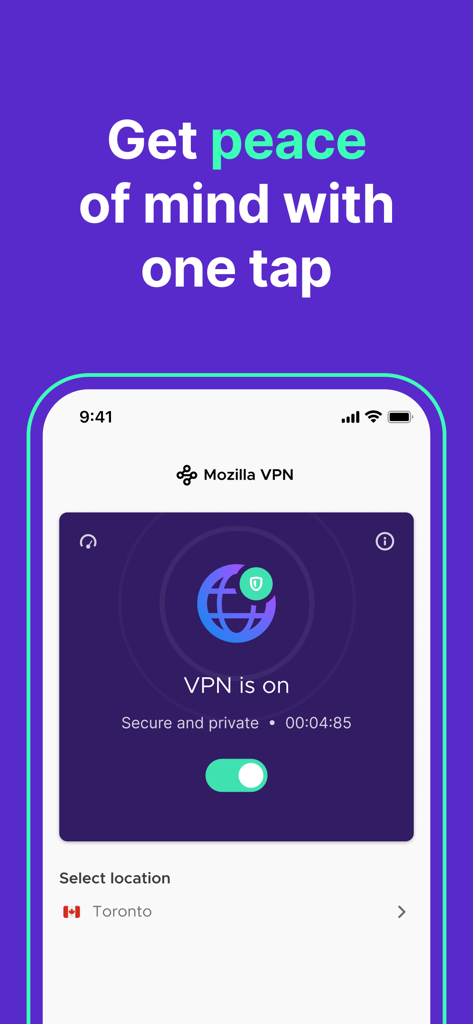 Mozilla VPN app interface showing a secure and private connection activated with one tap
