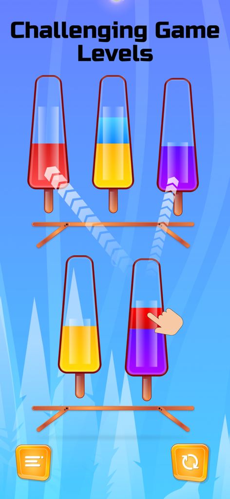 Tela de jogabilidade do Water Sort Puzzle com líquidos coloridos sendo classificados em garrafas em forma de picolé.