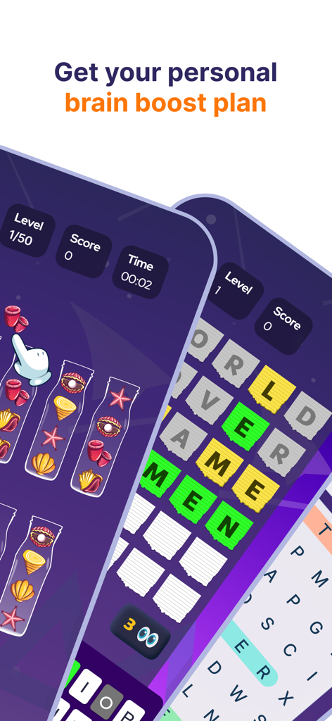 Mehrere Gehirntrainingsrätsel, einschließlich Logik- und Wortspiele von BrainBloom