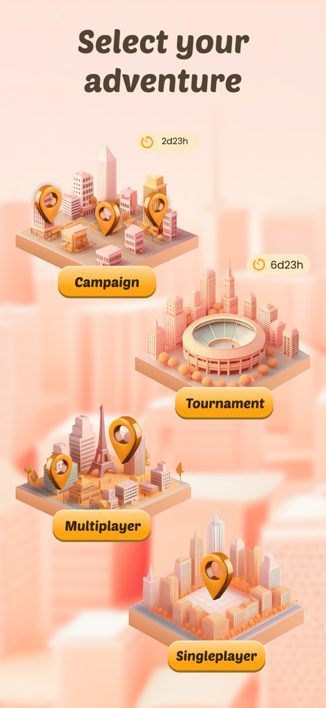 The Select your adventure screen of the Where Am I? GeoGuess Game showing options for Campaign, Tournament, Multiplayer, and Singleplayer modes.
