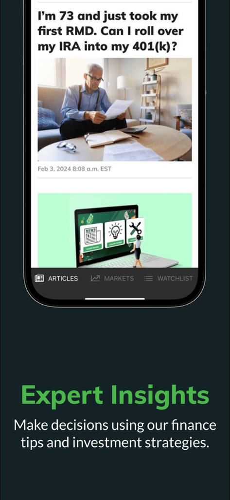 Tela do aplicativo MarketWatch destacando insights financeiros de especialistas e artigos sobre planejamento de aposentadoria