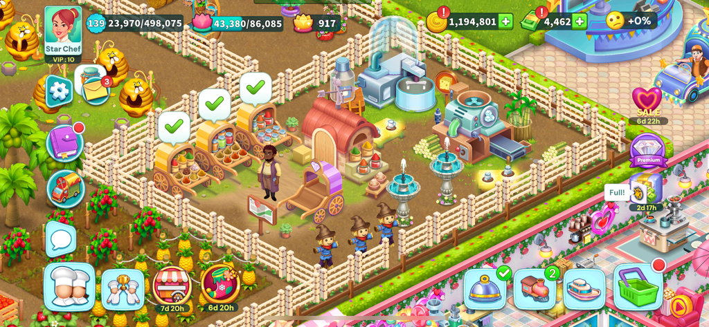 Captura de pantalla del juego de Star Chef 2 que muestra el área de la granja con cultivos, colmenas y máquinas de producción de ingredientes.