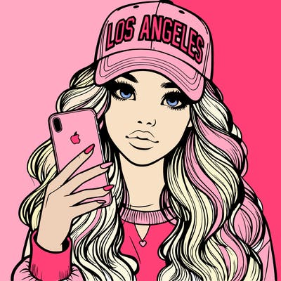 realistic beautiful girl wearing los ángeles cap holding an iphone