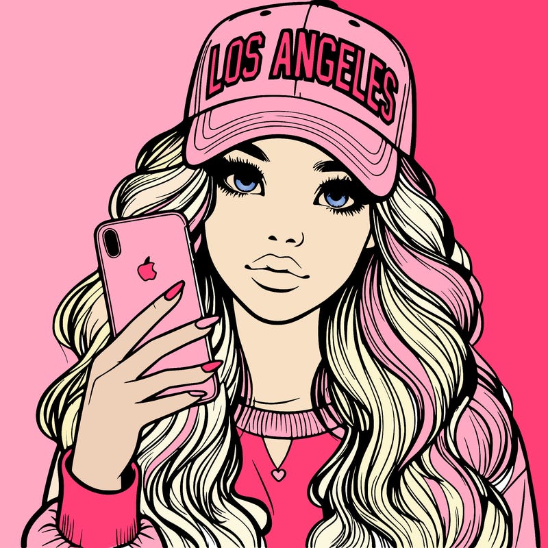 realistic beautiful girl wearing los ángeles cap holding an iphone