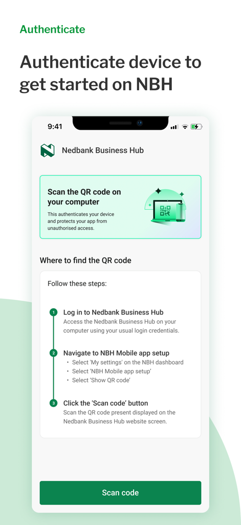 Nedbank Business Hub - A screen from the Nedbank Business Hub app providing instructions on how to authenticate a device by scanning a QR code.