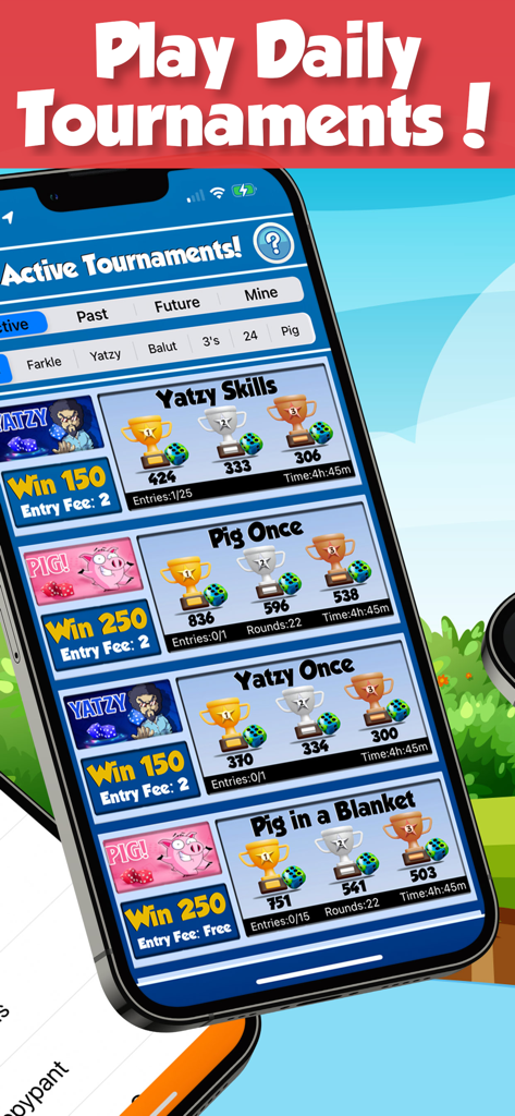Dice World: Farkle & Yatzy - Smartphone displaying the active tournaments interface in Dice World with various dice game competitions