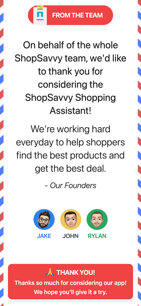 ShopSavvy - Shopping Assistant - A personal thank you message from the ShopSavvy founders Jake John and Rylan