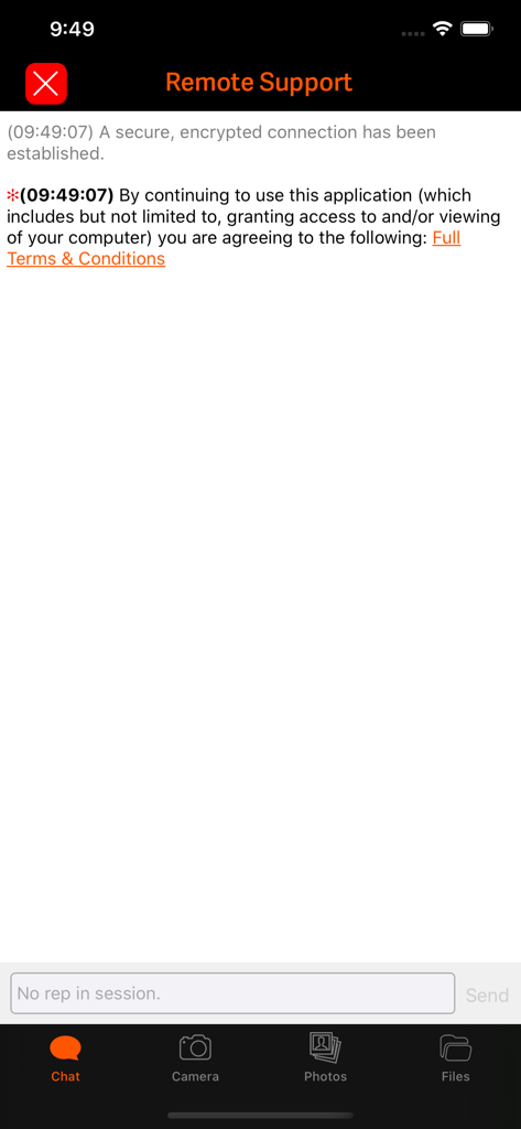 BeyondTrust Support - Interfaz de chat de la aplicación Soporte de BeyondTrust que muestra un mensaje de conexión cifrada segura establecida.