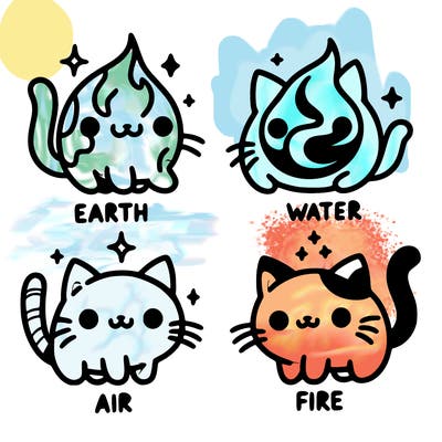 4 cats that represent the different elements, earth, water, air, and fire