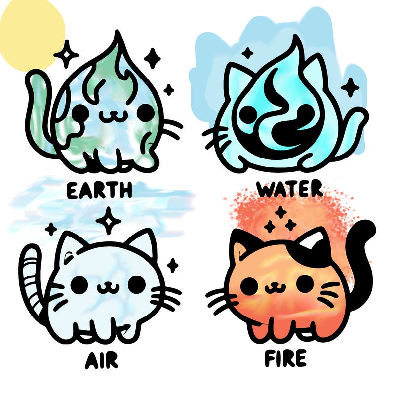 4 cats that represent the different elements, earth, water, air, and fire