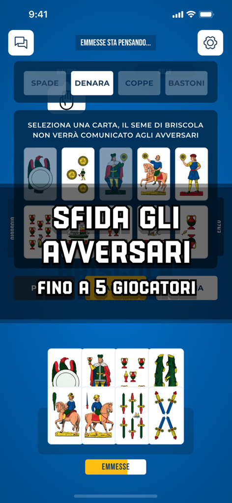 A screenshot of Briscola SUPER showing the five player game mode with traditional Italian cards