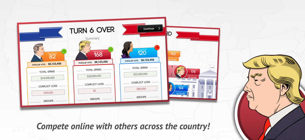 270 | Two Seventy US Election - Gameplay summary screen showing delegate counts and total spend for political candidates in Two Seventy US Election game