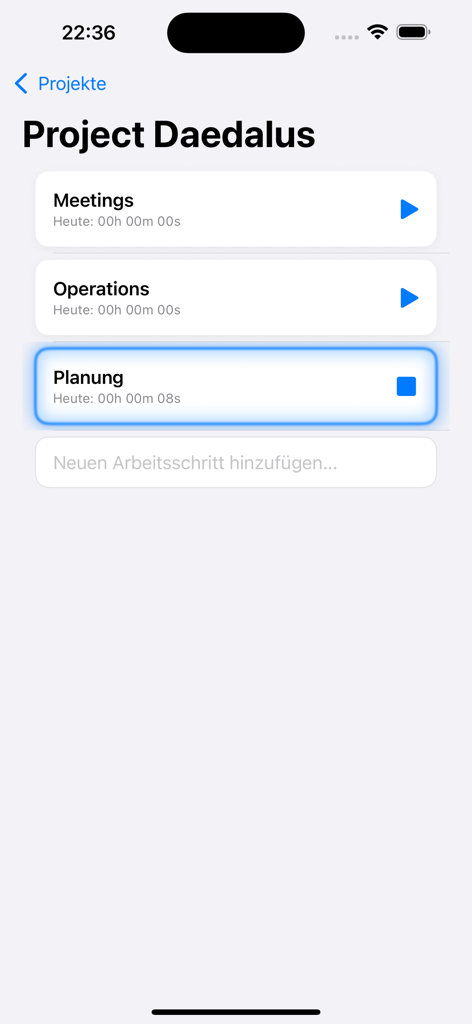 Zeiterfassungs-Oberfläche für Project Daedalus, die Aufgaben wie Meetings, Betrieb und Planung mit einem aktiven Timer zeigt.