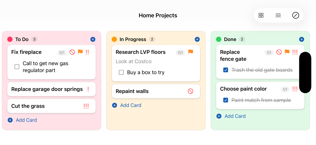 My Task Board - To Do Tracker - Eine visuelle Kanban-Board-Oberfläche für Heimprojekte mit Aufgaben, kategorisiert in die Spalten Zu erledigen, In Bearbeitung und Erledigt.