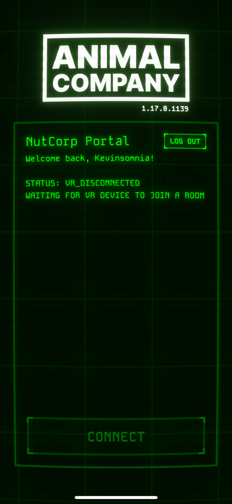Animal Company Companion app showing NutCorp Portal connection status with green terminal graphics