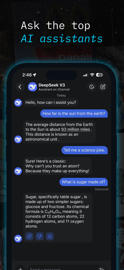 Interfaz de la aplicación móvil que muestra un chat con el asistente de IA DeepSeek V3.