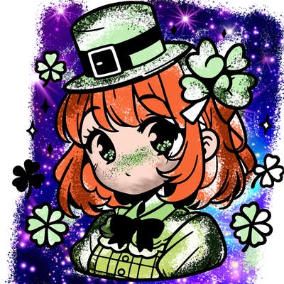 a manga-style girl with clovers around her, a little hat in her hair, like it's saint patrick's day