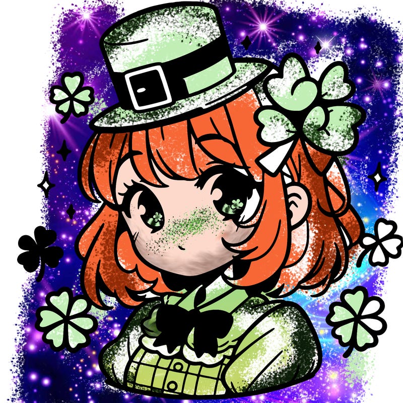 a manga-style girl with clovers around her, a little hat in her hair, like it's saint patrick's day
