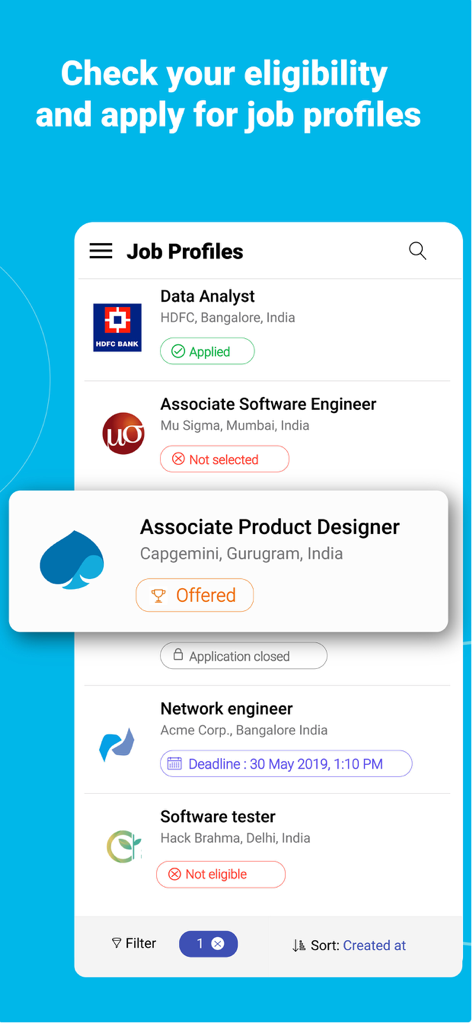 Mobile screen showing job profiles and application status on the Superset app