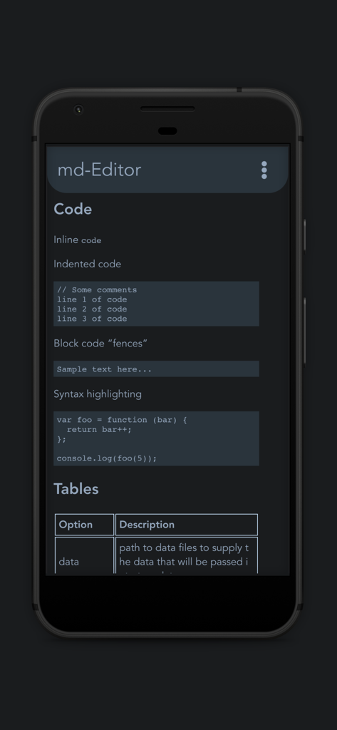 Markdown Editor and Reader - Markdown editor interface displaying code blocks with syntax highlighting and a formatted table in dark mode