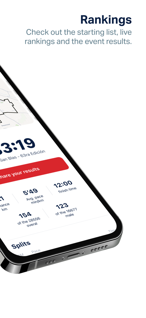 MiCarreraPR - MiCarreraPR app screen displaying live rankings and race results for the San Blas marathon event