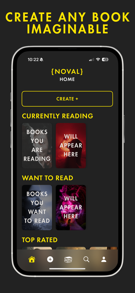 Noval: AI Story Creator - Interface of the Noval AI Story Creator app showing the home screen with options to create books and manage reading lists.