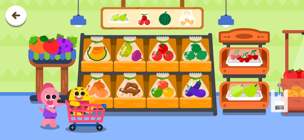 Cocobi World 1 - Cocobi characters Coco and Lobi grocery shopping at a colorful supermarket with shelves of fruit and vegetables