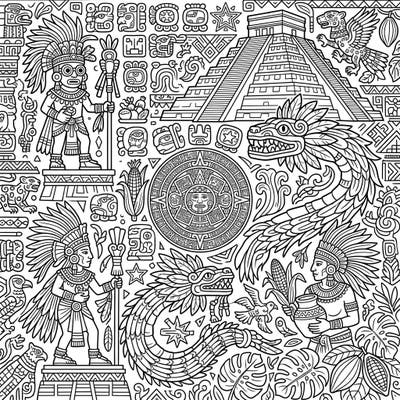 Dive into the rich history and intricate art of the Aztec and Mayan civilizations with this captivating coloring page. Featuring iconic pyramids, feathered serpents, and ancient symbols, it offers an engaging creative journey for all ages.
