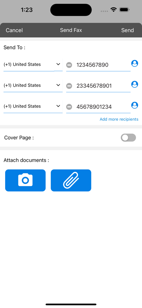 Tela de Envio de Fax do aplicativo móvel eFax Corporate mostrando vários destinatários e opções de anexo de documentos
