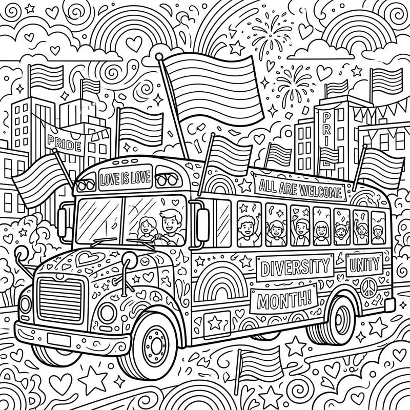 Hop aboard for a joyful coloring journey with our special Pride Month school bus! This festive design celebrates love, diversity, and unity, perfect for artists of all ages.