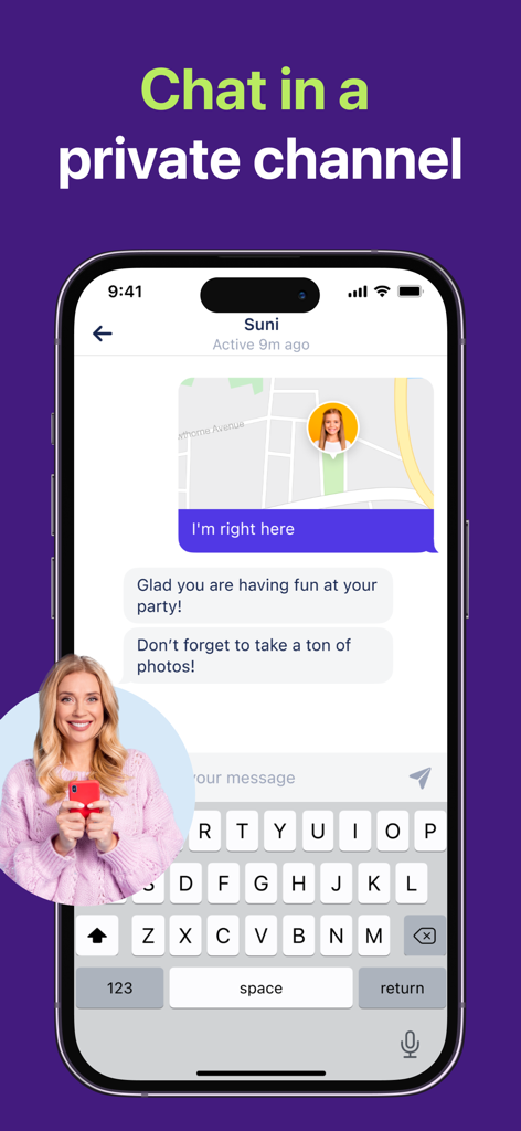 FamiGo: Parental Control App - Private chat interface in the FamiGo parental control app showing location tracking and messaging.