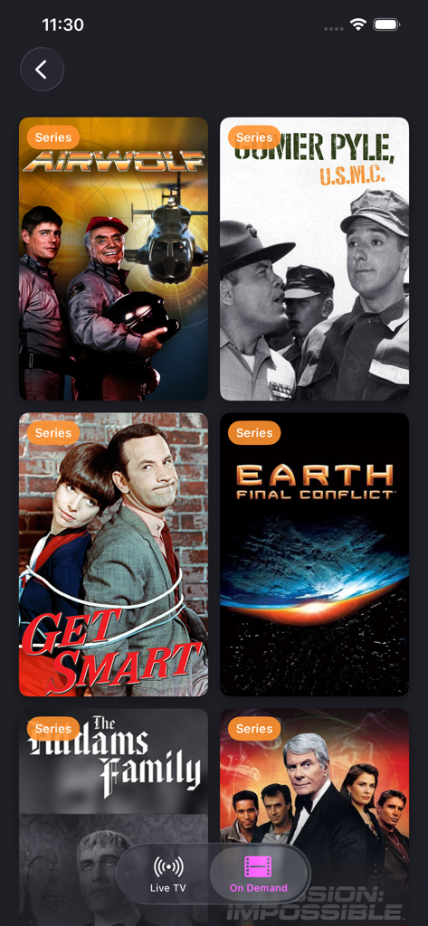 Airy TV & Live Movie Streaming - Airy TV app interface showing a selection of free classic television series available on demand