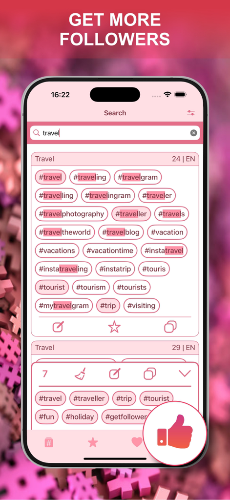 Get Followers & Boost Likes - Interface of the Get Followers and Boost Likes app showing a search results for travel hashtags