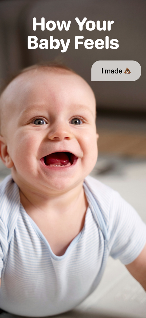 Baby Cry Analyzer app screen showing a smiling baby with a translation bubble about needing a diaper change