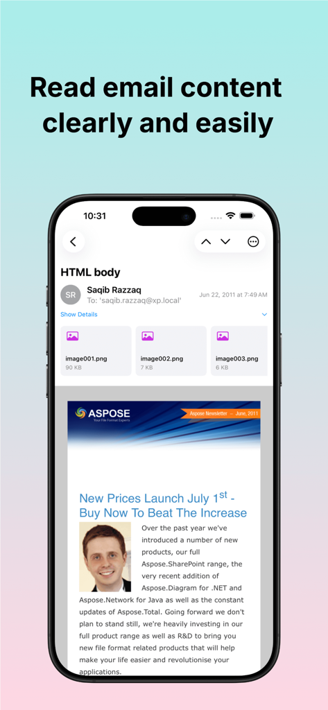 PST Mail Viewer - La aplicación PST Mail Viewer mostrando un correo electrónico con archivos adjuntos y contenido HTML en un iPhone