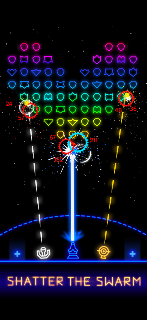 Spaceship turrets firing lasers at a heart shaped swarm of neon enemies