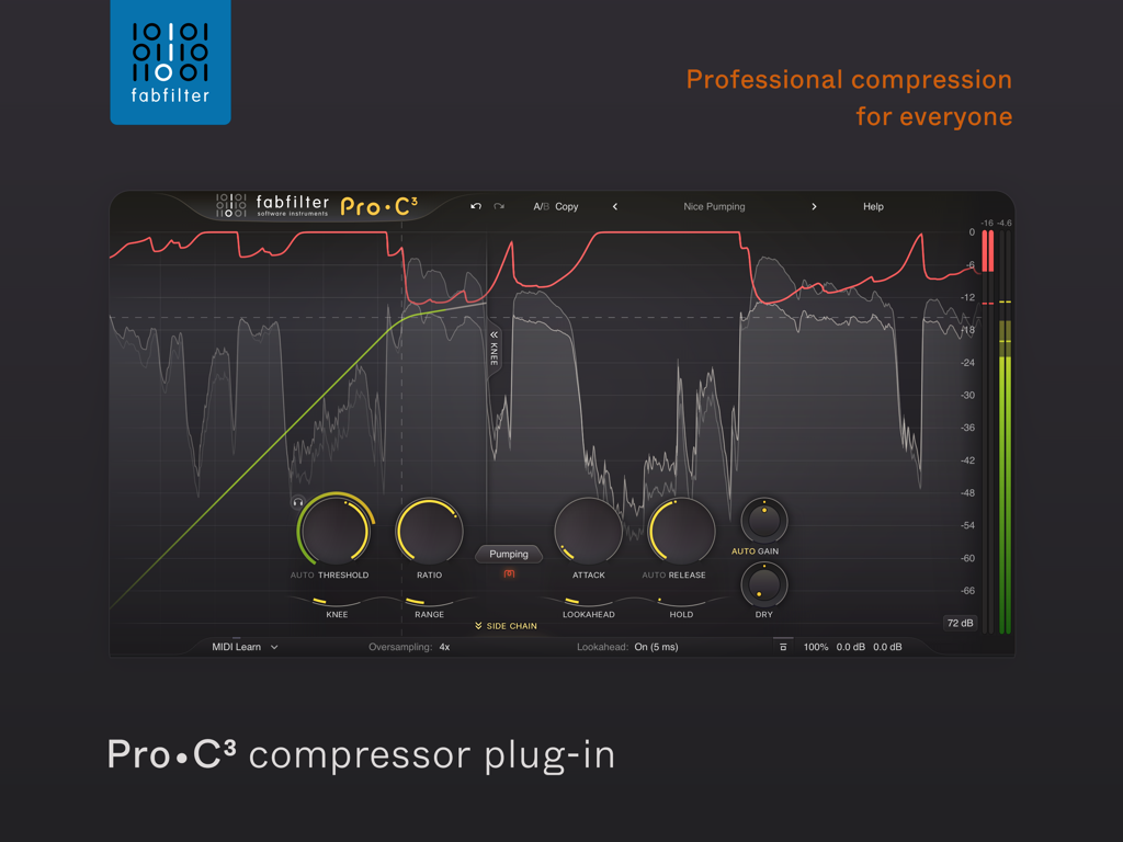FabFilter Pro C 3 compressor plugin interface showing audio wave visuals and control dials