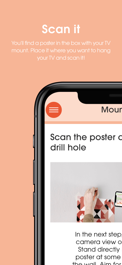 DrillRight - A mobile app screen showing how to scan a poster to determine a TV mount drill hole using AR