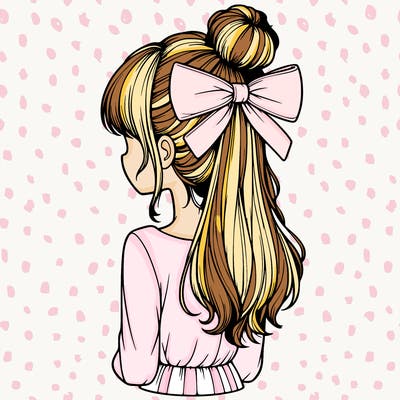 realistic girl  with hip length hair a bun and a big bow on the back of head