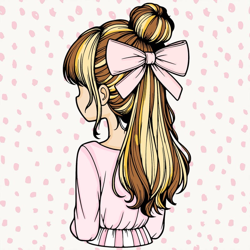 realistic girl  with hip length hair a bun and a big bow on the back of head