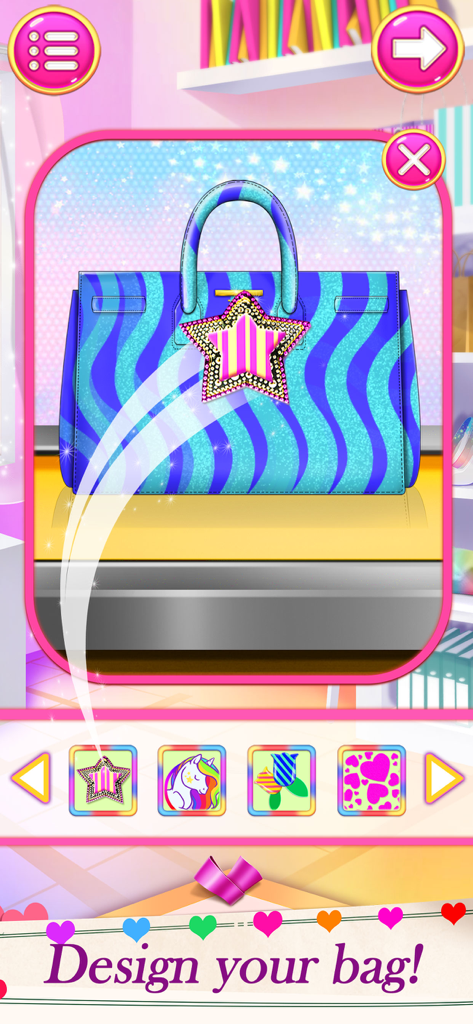 Makeup Games Girl Game for Fun - Tela mostrando personalização de bolsas com adesivos no Jogos de Maquiagem para Meninas