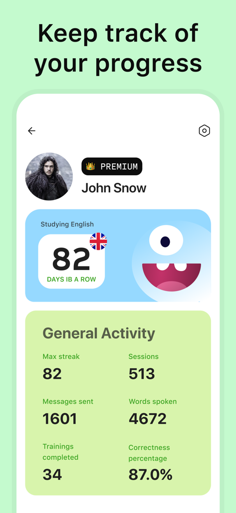FalaBola: AI Language Learning - FalaBola app profile screen showing detailed language learning statistics and activity tracking for a user.