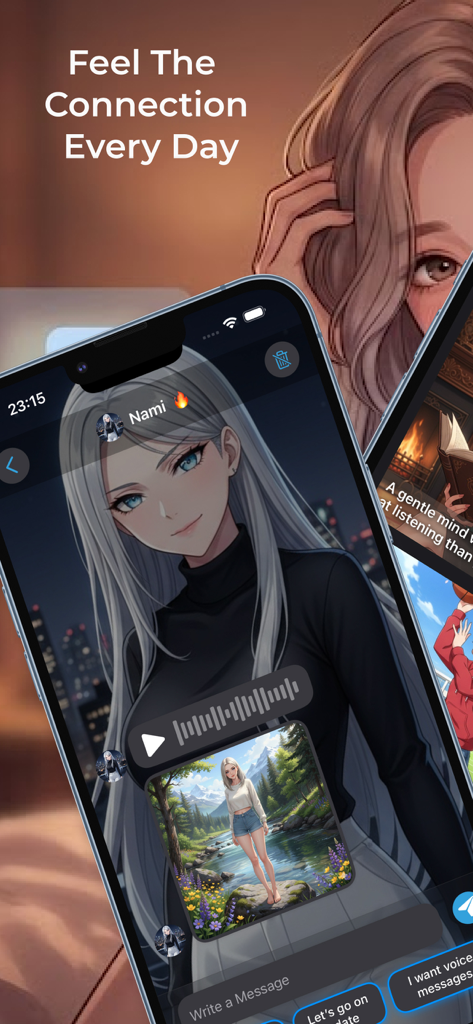 A chat interface with an anime AI girlfriend named Nami featuring voice messages and character photos.