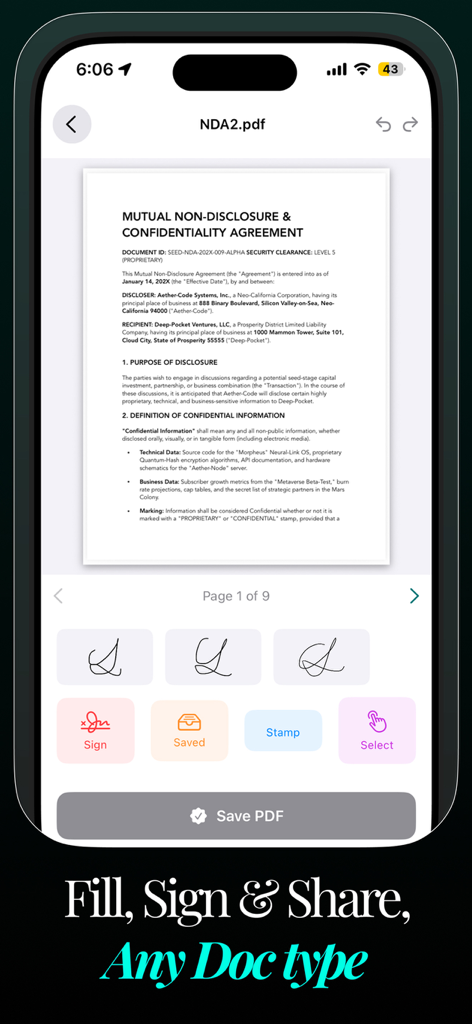 Interfaz de la aplicación móvil para firmar y editar un documento legal de confidencialidad.