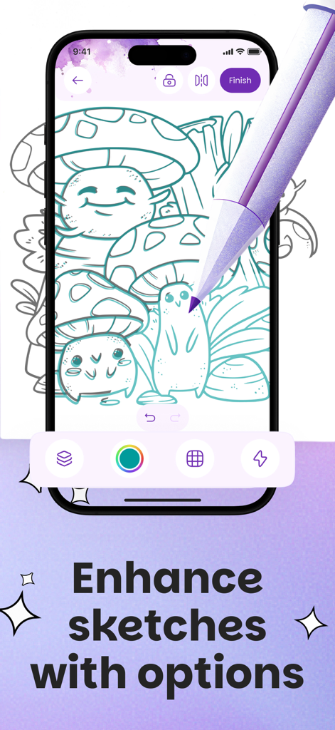 Mobile app interface showing AR tracing of a mushroom sketch with various enhancement tools