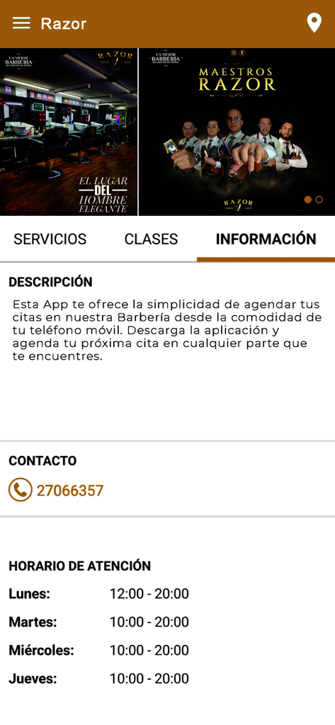 Bewe para clientes - Information screen for a barbershop within the Bewe app showing business description and opening hours.