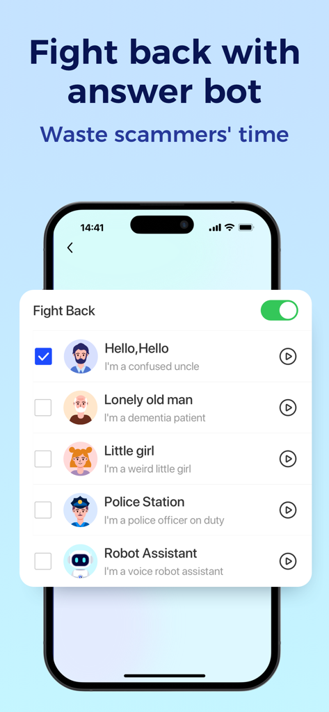 RealCall app interface showing various answer bot options like a confused uncle and a robot assistant to waste scammers time